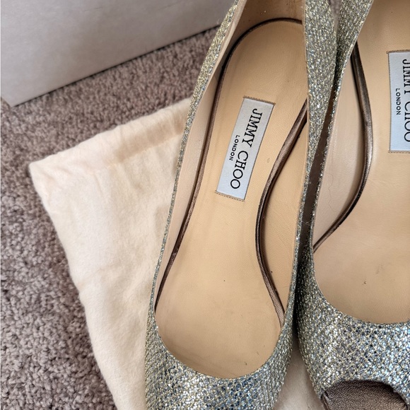 Jimmy Choo Glitter Peep Toe Heels - Picture 5 of 9